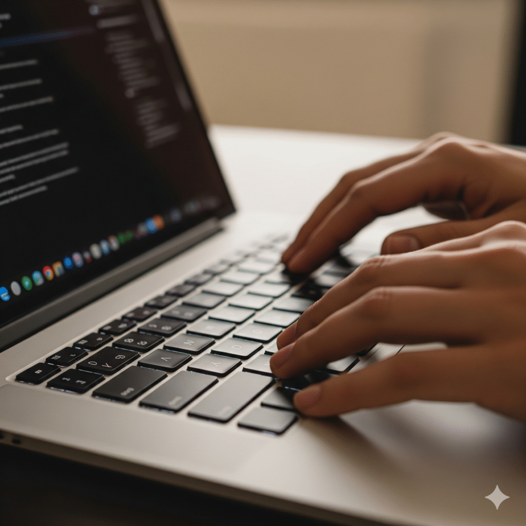 A person's hands typing on a laptop keyboard.